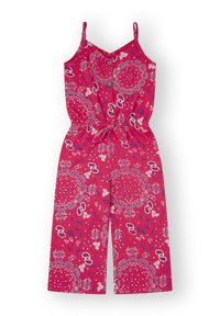 Mono rosa con un diseño estampado que incluye elementos florales y de paisley, botones en la parte delantera y tirantes ajustables. Tejido suave, corte holgado.