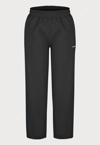 Black athletic pants with an elastic waistband, featuring a ribbed texture and side pockets. Logo printed on the left thigh.
