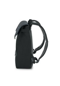 Svart ryggsäck med en snygg form, vadderade axelremmar, meshinlägg och ett lock som stänger för säker förvaring. Slitstarkt material.