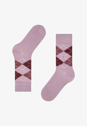 Hellrosa Knöchelsocken mit Argyle-Muster in Dunkelrot und Weiß mit Rautendesign. Weiche Textur und gerippte Bündchen.