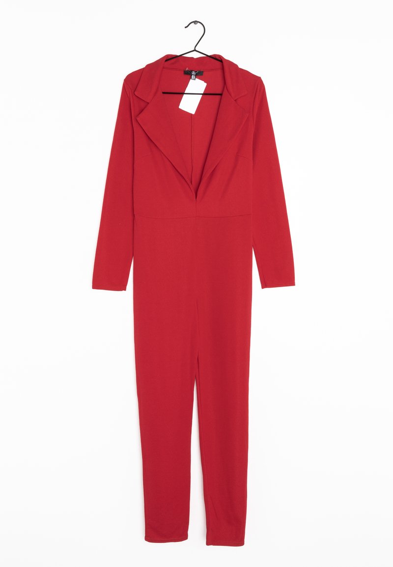 Czerwona kombinezon z długim rękawem i klapami, wykonany z elastycznego materiału, o dopasowanym kroju i z ukrytym zamkiem błyskawicznym z tyłu.