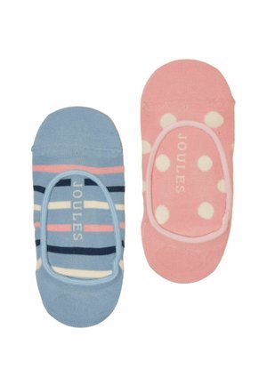 O pereche de șosete invizibile, una albastră cu dungi și una roz cu buline albe, ambele cu sigla "Joules" pe interior.