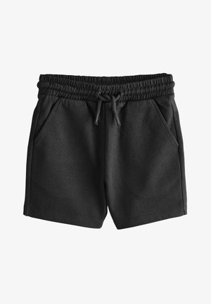 Czarne krótkie spodenki z elastycznym pasem i sznurkiem, dwoma bocznymi kieszeniami oraz miękkim, casualowym materiałem.