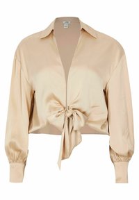 Beige satin kort skjorta med en knut framtill, lång puff ärm och klassisk krage, som visar en slät textur.