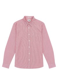 Chemise à manches longues rayée rouge et blanche avec col, poche poitrine et boutons blancs. Le matériau semble léger avec une texture lisse.