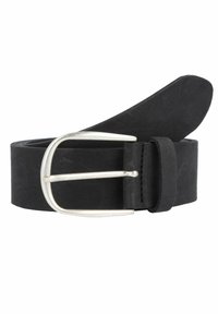 Cintura nera in pelle con finitura opaca, dotata di una fibbia in metallo argentato a doppio dente e bordi lisci. Design semplice e funzionale.