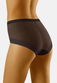 Zwarte mesh hipster onderbroek met een gestructureerd patroon, voorzien van een gladde tailleband. Het ontwerp is modern en aansluitend, met volledige dekking.