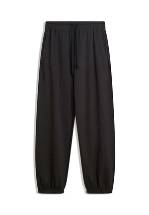 Pantaloni della tuta neri con vita elastica e coulisse; svasati alle caviglie; realizzati in morbido tessuto testurizzato; dotati di tasche laterali.