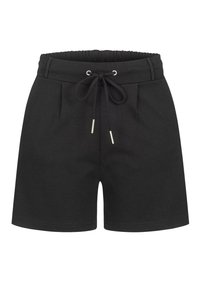 Mustad vabaaja lühikesed püksid elastse vöökohaga ja seotud paelaga metallotsikutega, millel on õrnad ees voldid ja vööaasad.