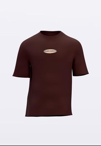 Hnedé tričko s krátkym rukávom vyrobené z hladkej látky, s malým oválnym logom uprostred s nápisom "URTAN".