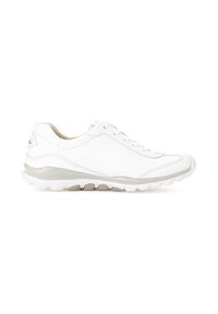 White leather sneaker with a smooth texture, round toe, lace-up design, and a cushioned sole. Features subtle gray accents and minimal branding.