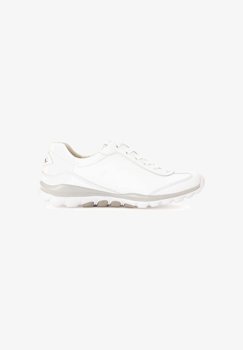 White leather sneaker with a smooth texture, round toe, lace-up design, and a cushioned sole. Features subtle gray accents and minimal branding.