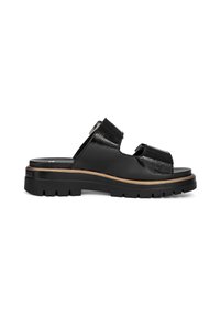 Black patent leather slide sandals with two wide straps, a textured finish, and a chunky rubber sole with a wooden accent band.
