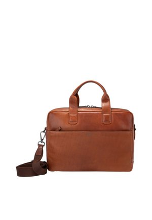 Brown leather briefcase with dual handles, adjustable shoulder strap, front pocket, and smooth texture. Zipper closure and minimal branding.