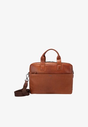 Brown leather briefcase with dual handles, adjustable shoulder strap, front pocket, and smooth texture. Zipper closure and minimal branding.