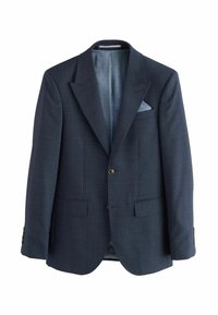 Marineblazer met een gestructureerde afwerking, gestreepte revers, twee steekzakken en een lichtblauwe polka-dots voering. Inclusief een pochet.