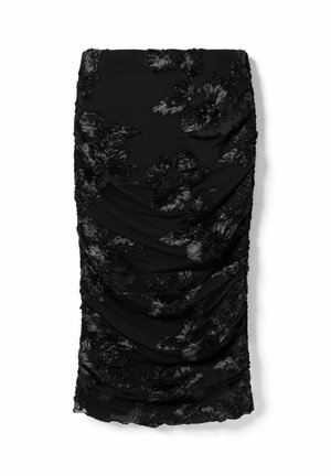 Zwarte geplooide midi-rok met een gestructureerd bloemmotief en een slank, aansluitend silhouet.