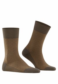 Brown socks with a herringbone pattern, featuring a contrasting solid dark brown cuff. Knitted texture with small dots throughout.
