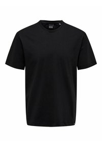 Schwarzes T-Shirt mit kurzen Ärmeln aus Baumwolle, mit klassischem Rundhalsausschnitt, geradem Schnitt und einer glatten, gleichmäßigen Textur. Einfaches, ungeschmücktes Design.