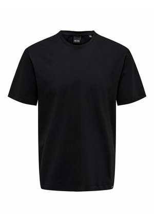 T-shirt nera a maniche corte in cotone, con collo girocollo classico, taglio dritto e una texture liscia e uniforme. Design semplice e privo di decorazioni.