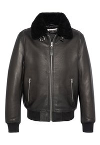 Veste aviateur en cuir noir avec col en fourrure noire, fermeture éclair à l'avant, deux poches latérales et poignets ainsi qu'ourlet côtelés.