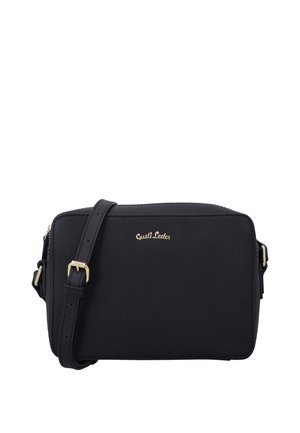 Sac bandoulière rectangulaire en cuir noir avec une sangle réglable et un logo doré "Gusti Leder" sur le devant.