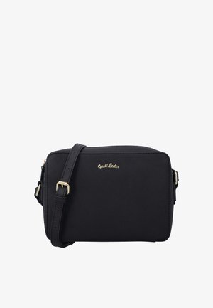 Sac bandoulière rectangulaire en cuir noir avec une sangle réglable et un logo doré "Gusti Leder" sur le devant.