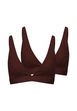 Zwei dunkelbraune nahtlose Bralette-Oberteile mit breiten Schulterträgern und einem breiten Unterbrustband vor weißem Hintergrund.