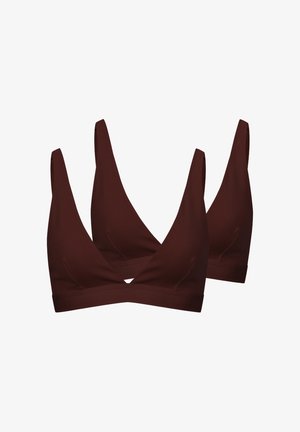 Two dark brown seamless bralette tops with wide shoulder straps and a wide underbust band on a white background.