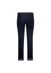 Dark blue cotton blend jeans with a tapered fit, featuring a stretchy waistband, rolled cuffs, and two back pockets.