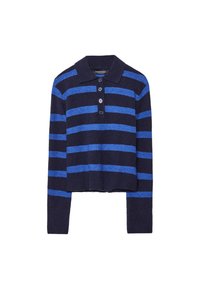 Temno modra skrajšana majica z vodoravnimi svetlo modrimi črtami, polo ovratnik, štiri gumbe na sprednjem delu in rebrasti manšeti. Mehka tekstura.