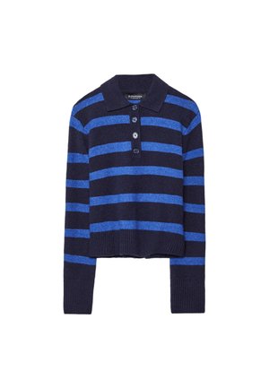 Marineblauer, kurz geschnittener Pullover mit horizontalen leuchtend blauen Streifen, Polokragen, Vier-Knopf-Leiste und gerippten Bündchen. Weiche Textur.