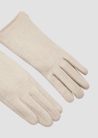 Gebreide beige handschoenen met een verlengde pols, vijfvingerdesign, een soepele structuur en subtiele stikdetails. Geschikt voor koel weer.