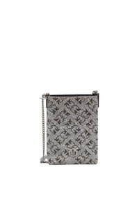 Borsa a tracolla metallica argento e nera con tracolla a catena, caratterizzata da un motivo testurizzato e dettaglio del logo sul davanti. Forma rettangolare.