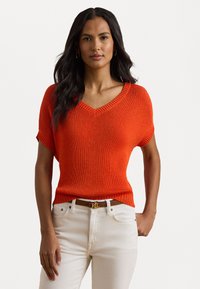 Lauren Ralph Lauren Petite RIB KNIT SHORT SLEEVE V NECK SWEATER - Pamata T-krekls - orange