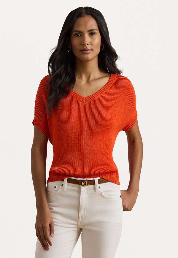 RIB KNIT SHORT SLEEVE V NECK SWEATER - Basic T-shirt - orange