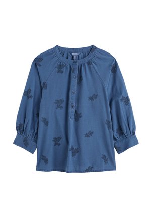 Mėlyna ilgomis rankovėmis palaidinė su apvalia iškirpte, segama priekyje, surinktais rankogaliais ir subtiliomis tamsiomis gėlių siuvinėjimais per visą audinį.