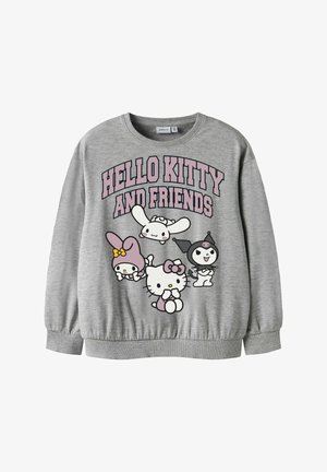 Pilka palaidinė su animacinių filmų personažais ir užrašu "HELLO KITTY IR DRAUGAI." Raibos rankogaliai ir apatinis kraštas, minkšta tekstūra, kasdienis dizainas.