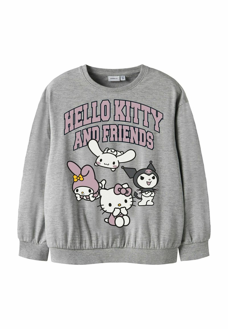 Pilka palaidinė su animacinių filmų personažais ir užrašu "HELLO KITTY IR DRAUGAI." Raibos rankogaliai ir apatinis kraštas, minkšta tekstūra, kasdienis dizainas.