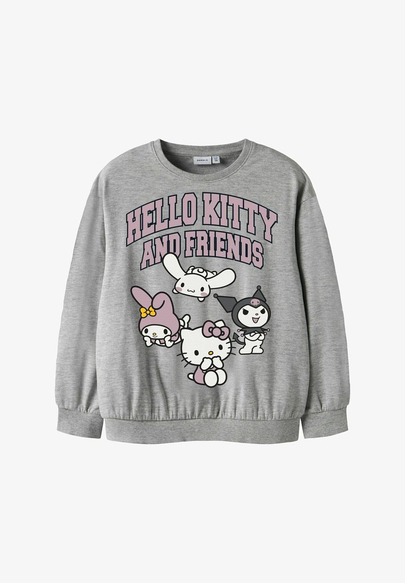 Pilka palaidinė su animacinių filmų personažais ir užrašu "HELLO KITTY IR DRAUGAI." Raibos rankogaliai ir apatinis kraštas, minkšta tekstūra, kasdienis dizainas.