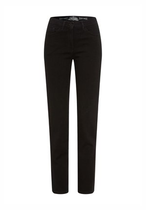 Sorte denim jeans med et lige ben-design, fem lommer og en knaplukning. Har en subtil tekstur og et logo på bæltet.