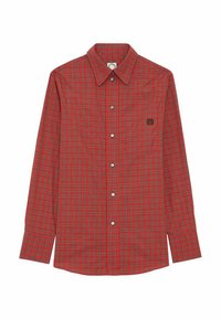 Chemise à carreaux rouges à manches longues, dotée d'une poche et de boutons blancs, fabriquée en tissu léger avec une texture lisse.