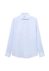 Cămașă albastră deschis cu mâneci lungi, confecționată dintr-un material neted, având un guler clasic și o închidere frontală cu nasturi albi.