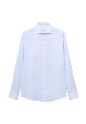 Lichtblauw langemouw overhemd van gladde stof, met een klassieke kraag en een voorknopsluiting met witte knopen.