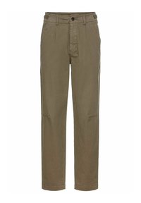 Pantalon droit vert olive pour homme, avec bouton et fermeture éclair, passants de ceinture et poches avant.