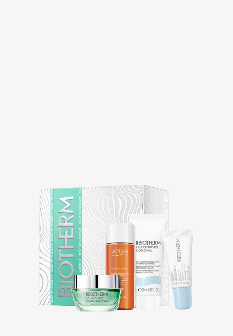 Zestaw pielęgnacyjny Biotherm w wzorzystym pudełku zawiera zielony żel, pomarańczowy olejek oraz dwa białe kremy w różnych rozmiarach i kształtach.