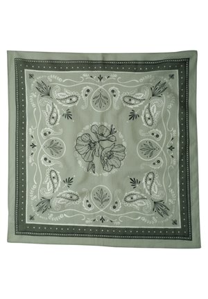 Pañuelo cuadrado verde oliva con patrones florales y de cachemir en negro y blanco, bordeado con diseños de puntos y hojas.