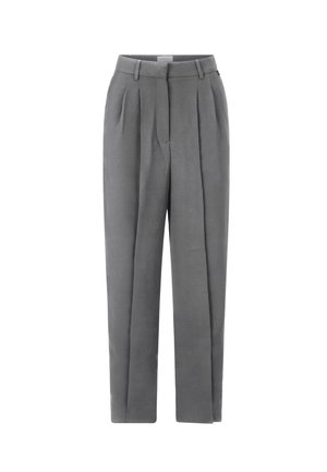 Pantalons taille haute gris, cintrés, avec passants de ceinture, plis à l'avant et coupe droite.