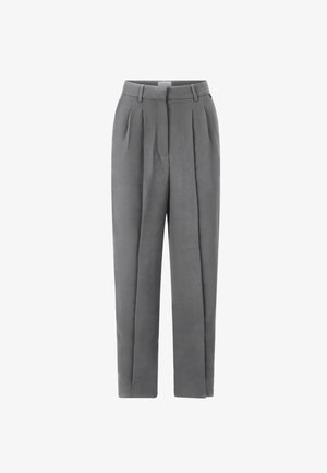 Pantaloni grigi a vita alta sartoriali con passanti per cintura, pieghe anteriori e vestibilità dritta.