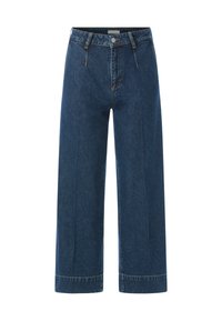 Jeans de mezclilla de pierna ancha color azul oscuro con cintura alta, cierre frontal de botón y cremallera, pasadores para cinturón y detalles de costura visibles.